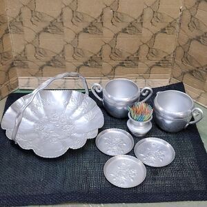 Vintage Hammered Aluminium Basket dish, coasters, cream/ sugar, toothpick holder
